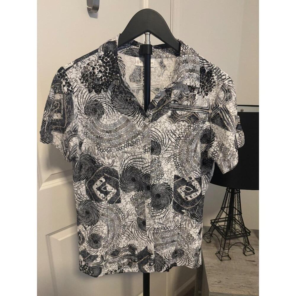 Erin London Paisley Print Short Sleeve Button Up Shirt Black White Silver SZ S